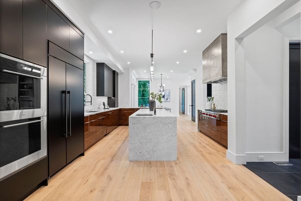 Interior, Kitchen, Pendant Lights, Recessed Lighting, Stainless Steel Appliances, Wood Texture Flooring