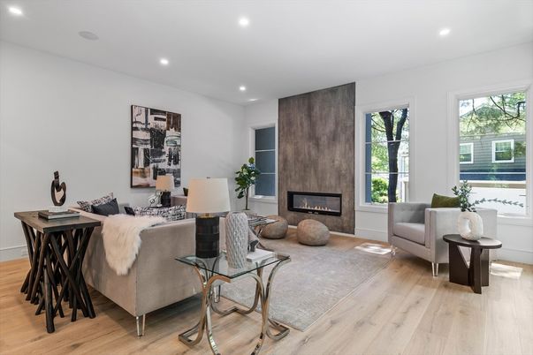 Fireplace, Interior, Living room, Recessed Lighting, Wood Texture Flooring