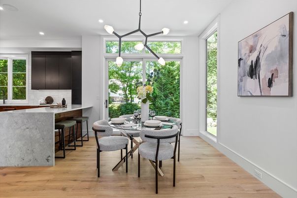 Dining room, Interior, Kitchen, Pendant Lights, Recessed Lighting, Wood Texture Flooring