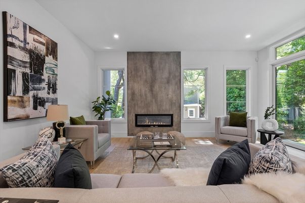 Fireplace, Interior, Living room, Recessed Lighting, Wood Texture Flooring
