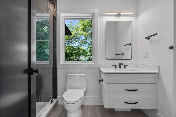 Bathroom, Glass Shower, Interior, Wood Texture Flooring