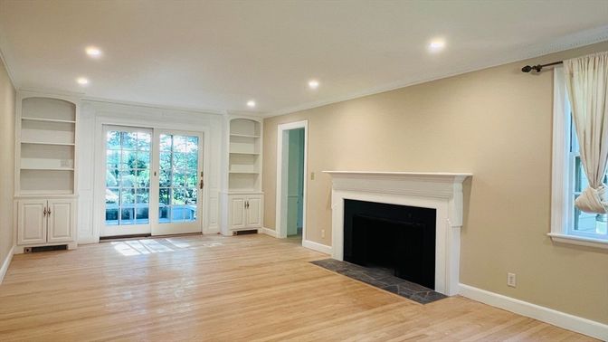 Empty room, Fireplace, Interior, Recessed Lighting, Wood Texture Flooring