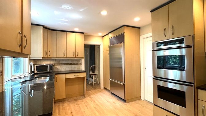Interior, Kitchen, Recessed Lighting, Stainless Steel Appliances, Wood Texture Flooring