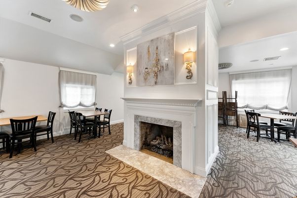 Dining room, Fireplace, Interior, Recessed Lighting