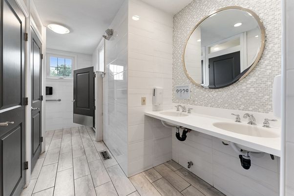 Bathroom, Dual Sink Vanities, Interior, Recessed Lighting, Wood Texture Flooring