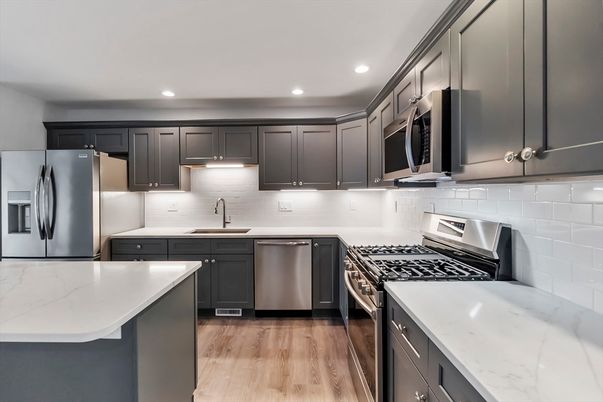Interior, Kitchen, Recessed Lighting, Stainless Steel Appliances, Wood Texture Flooring