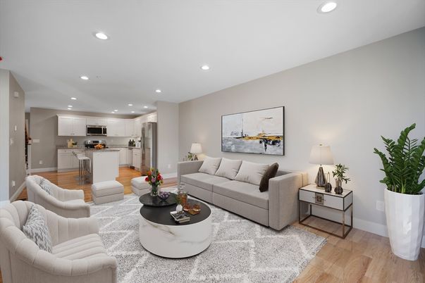 Interior, Kitchen, Living room, Recessed Lighting, Stainless Steel Appliances, Wood Texture Flooring