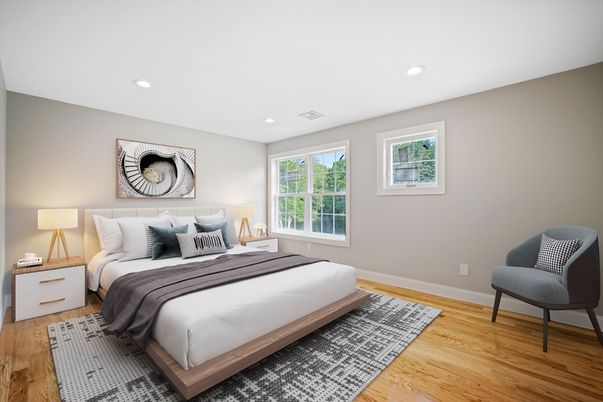 Bedroom, Interior, Recessed Lighting, Wood Texture Flooring