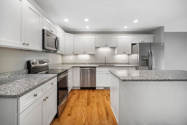 Interior, Kitchen, Recessed Lighting, Stainless Steel Appliances, Wood Texture Flooring