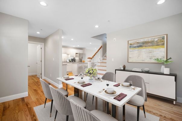 Dining room, Interior, Kitchen, Recessed Lighting, Wood Texture Flooring