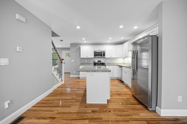 Interior, Kitchen, Recessed Lighting, Stainless Steel Appliances, Wood Texture Flooring