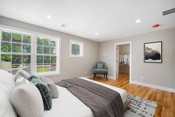 Bedroom, Interior, Recessed Lighting, Wood Texture Flooring
