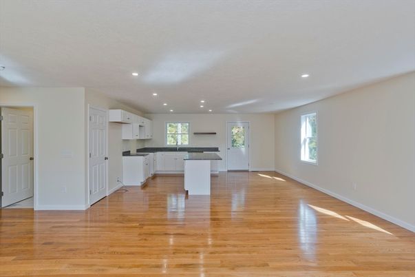 Empty room, Interior, Kitchen, Recessed Lighting, Wood Texture Flooring