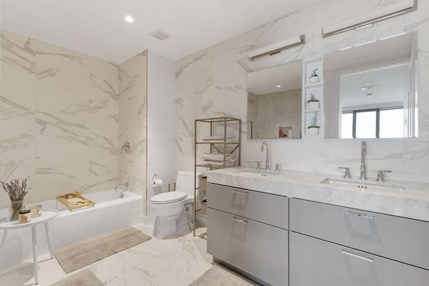 Bathroom, Dual Sink Vanities, Interior, Marble, Marble Walls, Recessed Lighting
