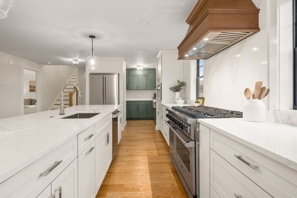 Interior, Kitchen, Pendant Lights, Recessed Lighting, Stainless Steel Appliances, Wood Texture Flooring