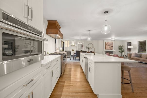 Dining room, Interior, Kitchen, Living room, Pendant Lights, Stainless Steel Appliances, Wood Texture Flooring