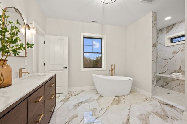 Bathroom, Free Standing Baths, Interior, Marble, Marble Walls, Recessed Lighting