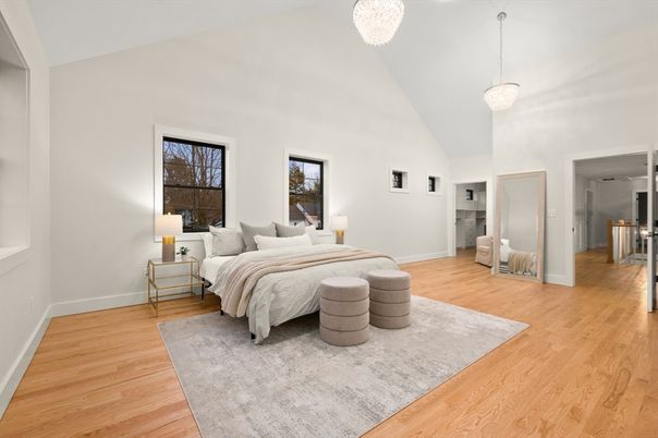 Bedroom, Interior, Pendant Lights, Wood Texture Flooring