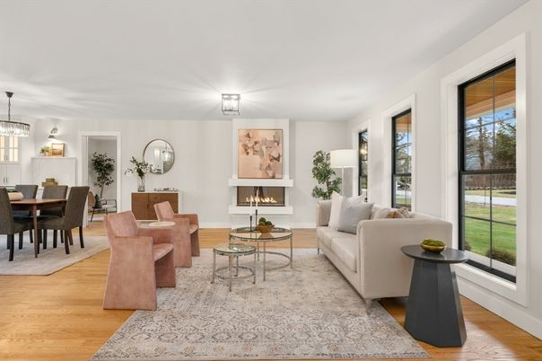 Dining room, Fireplace, Interior, Living room, Pendant Lights, Wood Texture Flooring