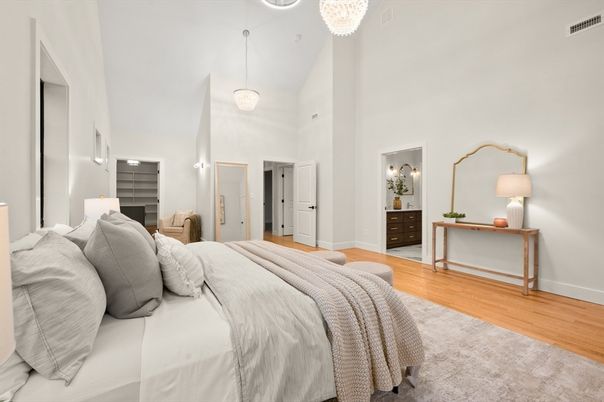 Bedroom, Interior, Pendant Lights, Wood Texture Flooring