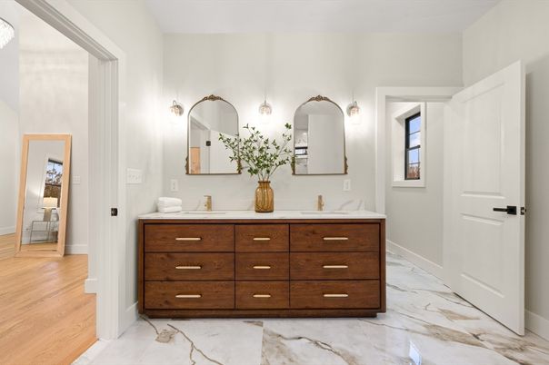 Bathroom, Dual Sink Vanities, Interior, Marble, Wood Texture Flooring