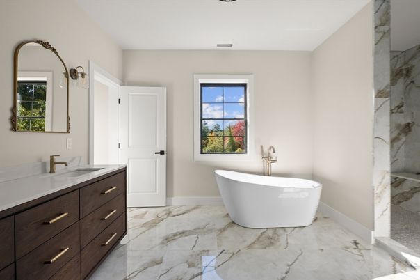 Bathroom, Dual Sink Vanities, Free Standing Baths, Interior, Marble, Marble Walls