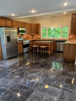 Interior, Kitchen, Marble, Pendant Lights, Recessed Lighting, Stainless Steel Appliances