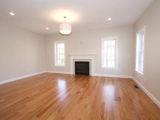 Empty room, Fireplace, Interior, Pendant Lights, Recessed Lighting, Wood Texture Flooring