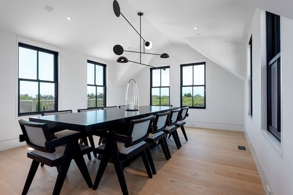 Dining room, Interior, Pendant Lights, Recessed Lighting, Wood Texture Flooring
