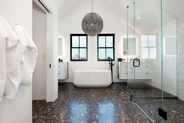 Bathroom, Free Standing Baths, Glass Shower, Interior, Pendant Lights