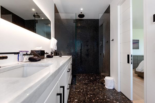 Bathroom, Dual Sink Vanities, Glass Shower, Interior, Recessed Lighting