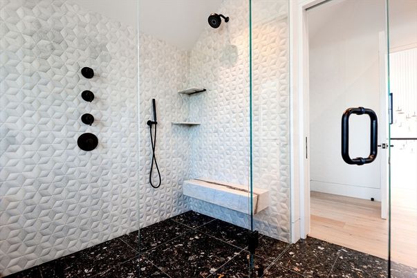 Bathroom, Glass Shower, Interior, Wood Texture Flooring