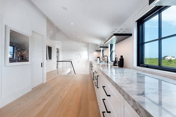 Interior, Kitchen, Marble, Recessed Lighting, Wood Texture Flooring