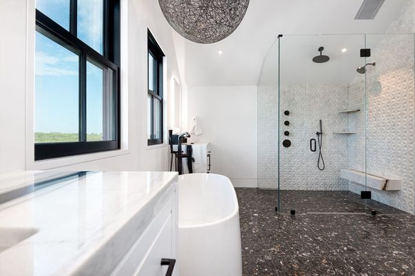 Bathroom, Free Standing Baths, Glass Shower, Interior, Recessed Lighting