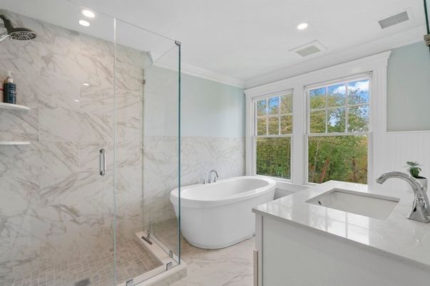Bathroom, Free Standing Baths, Glass Shower, Interior, Marble, Marble Walls, Recessed Lighting