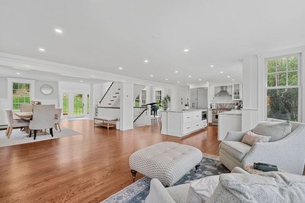 Dining room, Interior, Kitchen, Living room, Recessed Lighting, Wood Texture Flooring