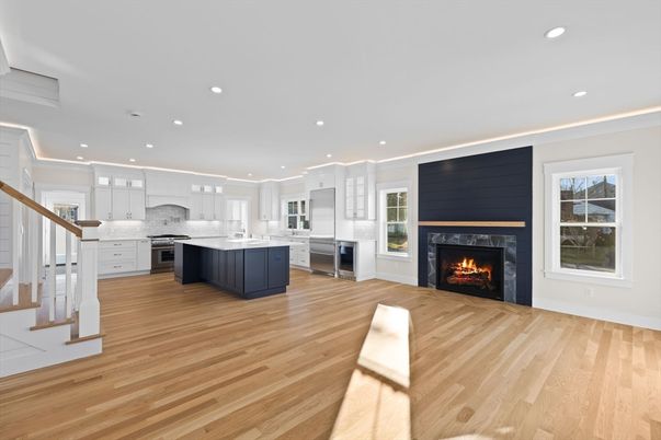 Fireplace, Interior, Kitchen, Recessed Lighting, Stainless Steel Appliances, Wood Texture Flooring