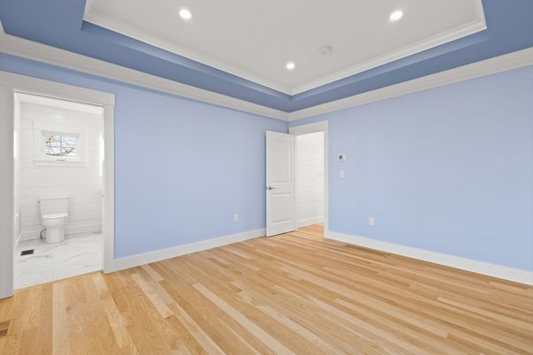 Bathroom, Empty room, Interior, Marble, Recessed Lighting, Wood Texture Flooring