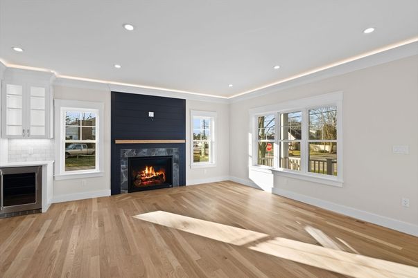 Empty room, Fireplace, Interior, Recessed Lighting, Wood Texture Flooring