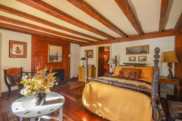 Bedroom, Fireplace, Interior, Wooden Beams, Wood Texture Flooring