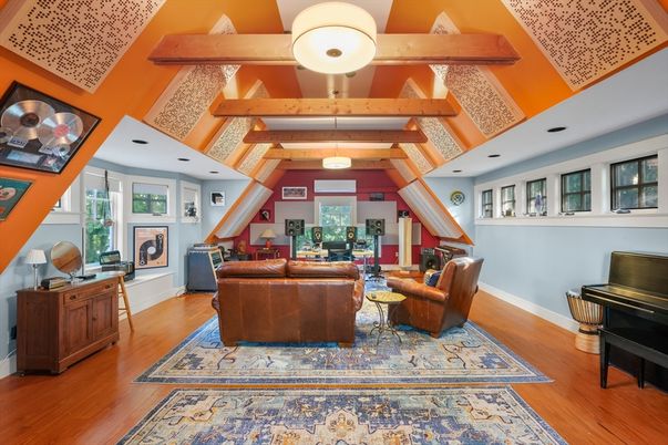 Interior, Living room, Pendant Lights, Piano, Wooden Beams, Wood Texture Flooring