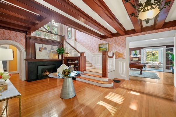 Billiard Table, Fireplace, Game Room, Interior, Wooden Beams, Wood Texture Flooring
