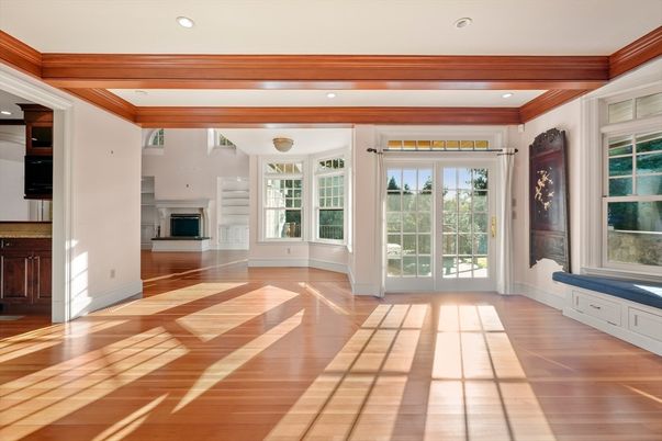 Empty room, Fireplace, Interior, Recessed Lighting, Wood Texture Flooring