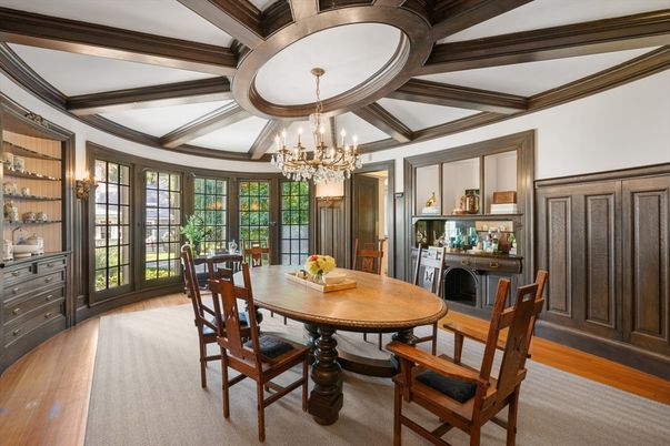 Chandelier, Dining room, Interior, Wooden Beams, Wood Texture Flooring