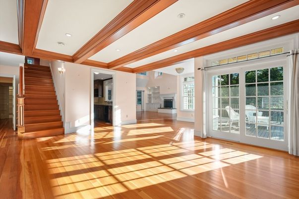 Empty room, Interior, Recessed Lighting, Wooden Beams, Wood Texture Flooring