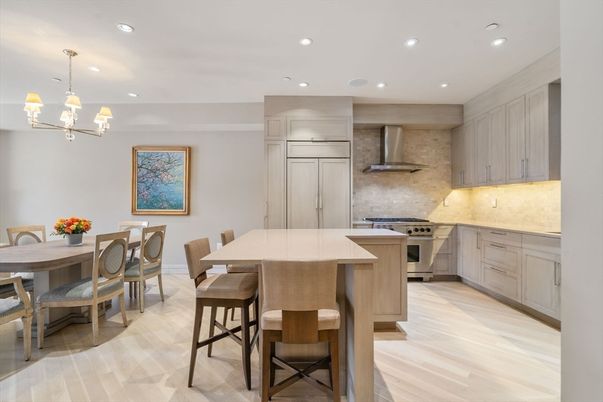 Chandelier, Dining room, Interior, Kitchen, Pendant Lights, Recessed Lighting, Stainless Steel Appliances, Wood Texture Flooring