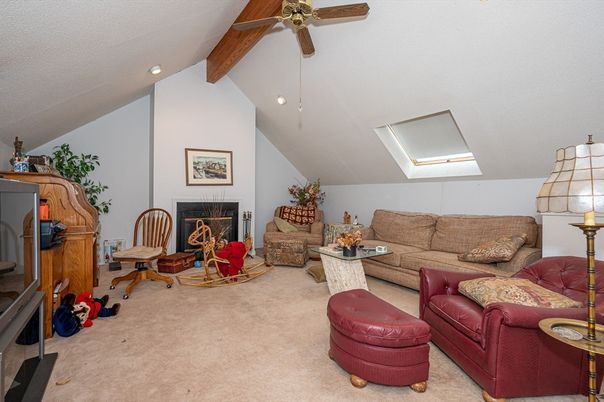 Fireplace, Interior, Living room, Recessed Lighting, Wooden Beams