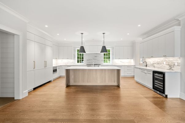 Interior, Kitchen, Marble Walls, Pendant Lights, Recessed Lighting, Wood Texture Flooring