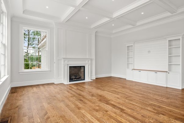 Empty room, Fireplace, Interior, Recessed Lighting, Wood Texture Flooring