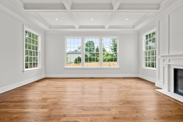 Empty room, Fireplace, Interior, Recessed Lighting, Wood Texture Flooring